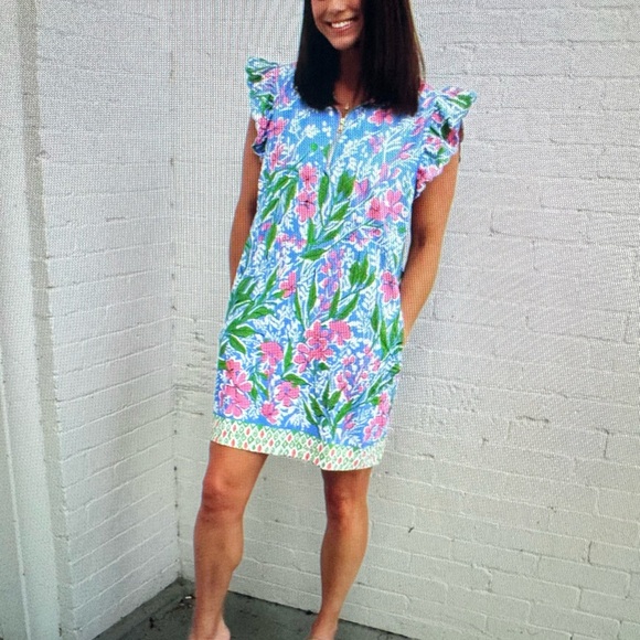 Umgee Blue and Pink Floral ruffle sleeve half zip Dress - Picture 6 of 11
